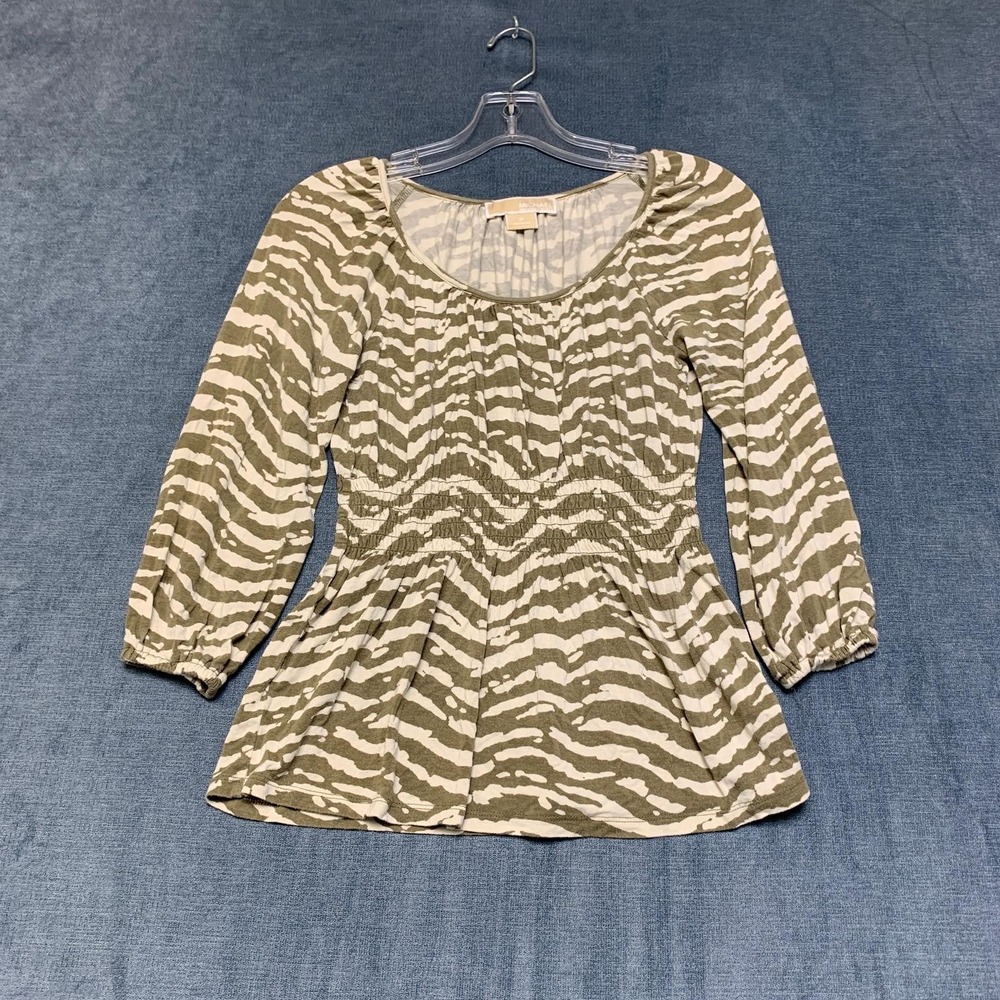 Michael Kors Blouse Womens Small Olive Beige Zebra Print Stretch Smocked Pleated